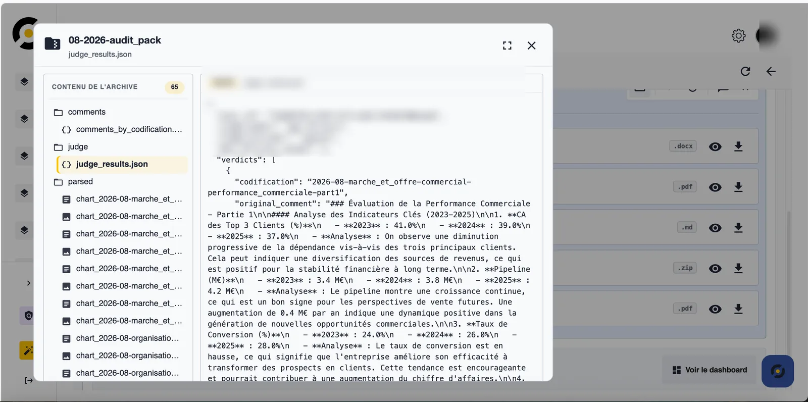 Contenu d’un dossier d’audit : archive de 65 fichiers, ouverte sur les résultats du juge