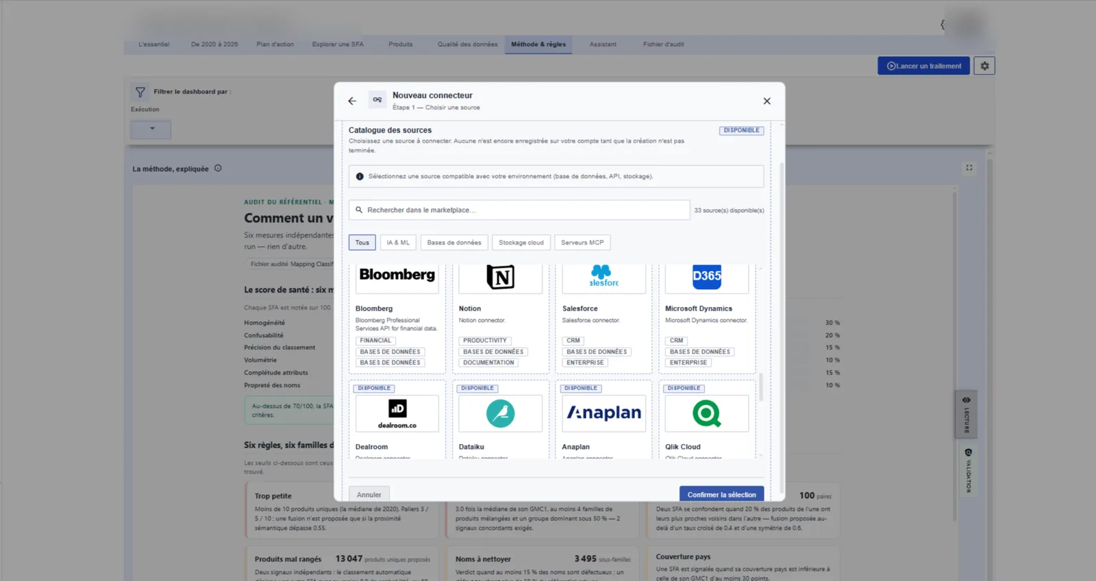Source catalogue: 33 available connectors with AI & ML, database, cloud storage and MCP server filters