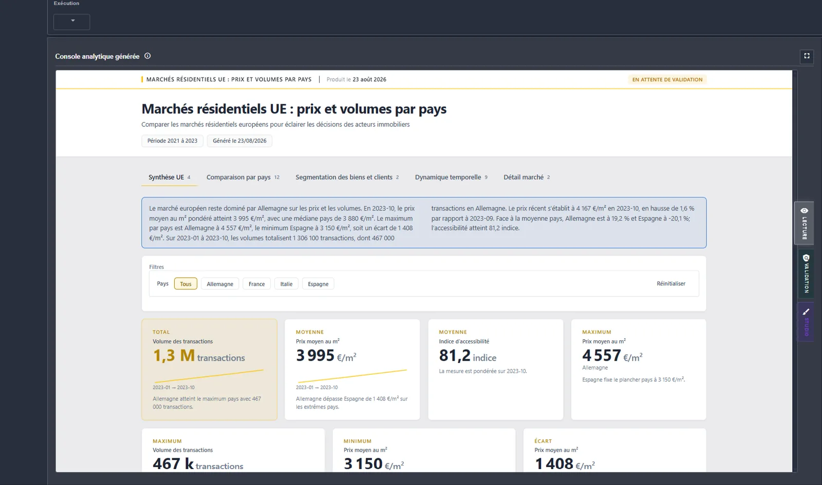 Console métier générée : synthèse, indicateurs et badge de validation